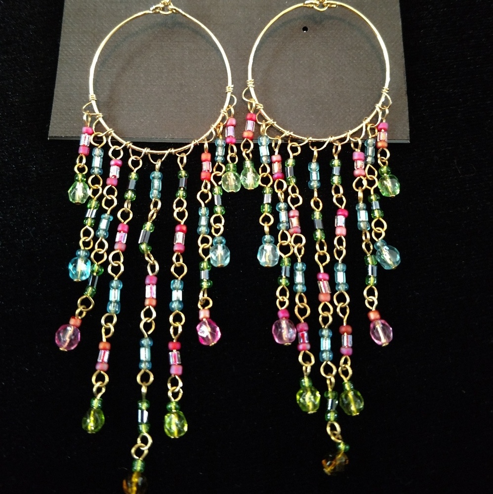 Gold hoop multi colored bead earrings